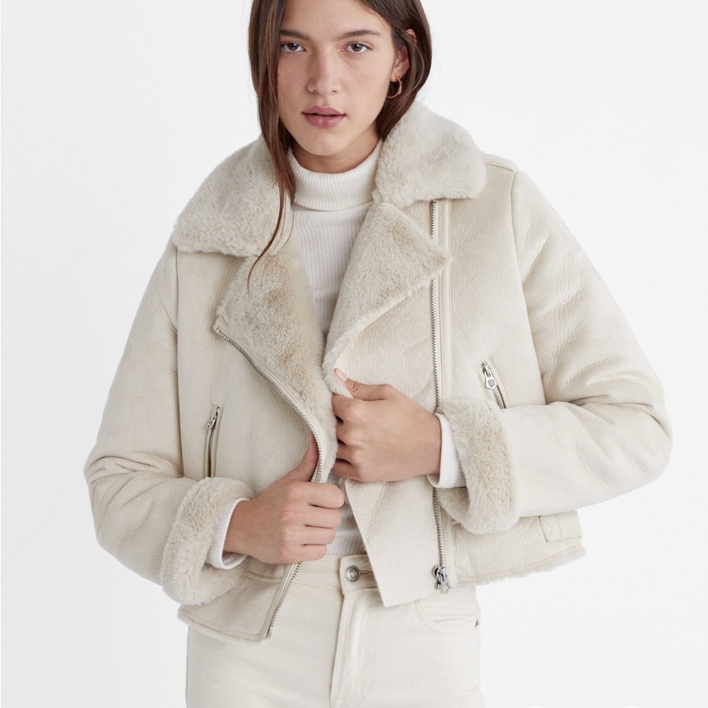 Stradivarius Faux Suede Biker Jacket ecru white XS
